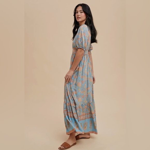 Elegant Boho hippie Blue Print Maxi dress - Picture 2 of 4